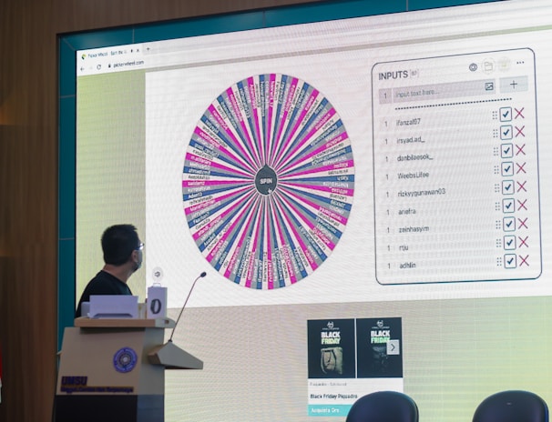 A person stands in front of a large screen displaying a colorful digital wheel with names. The screen shows a web interface with options for inputs, featuring a list of names with checkboxes on one side and a large, vibrant spinning wheel on the other. The environment appears to be indoors, possibly in a conference or presentation setting with a podium.